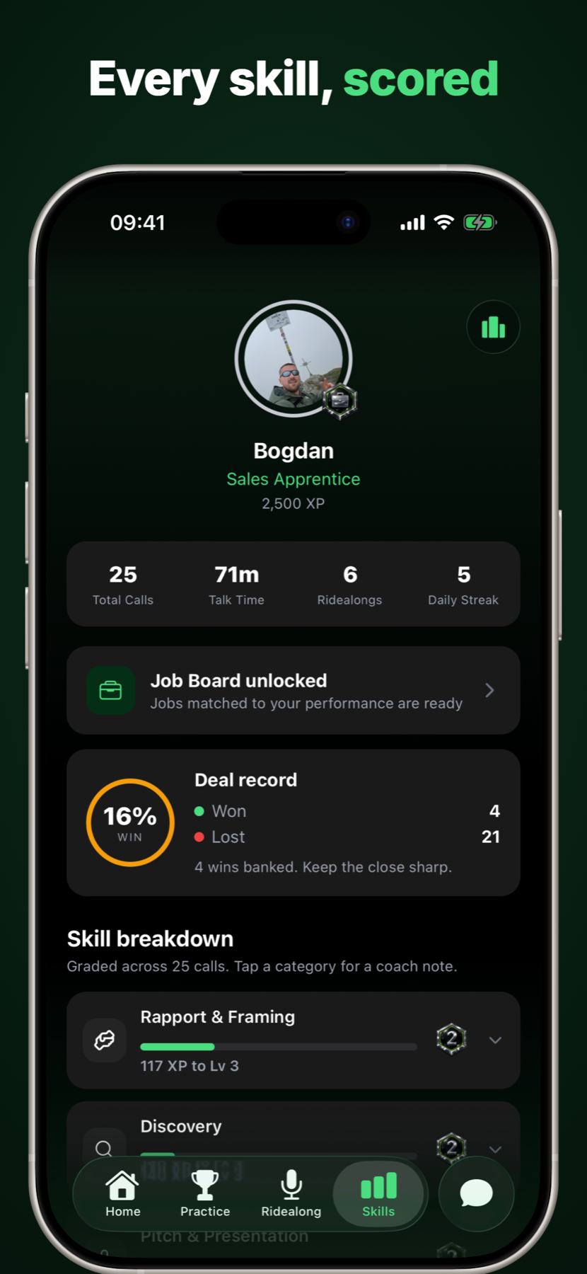 SalesCoach AI — Every skill scored